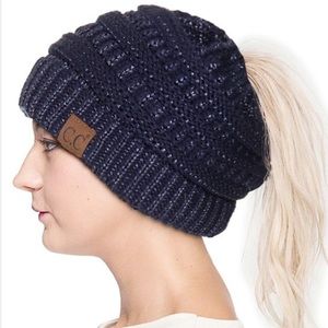 C.C Ponytail/Messy Bun Denim Metallic Beanie